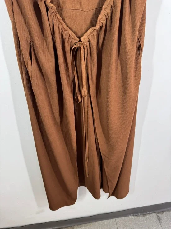 Workhall Brown Sleeveless Relaxed Fit Jumpsuit Tie Waist Wide Leg Minimalist - Picture 4 of 16